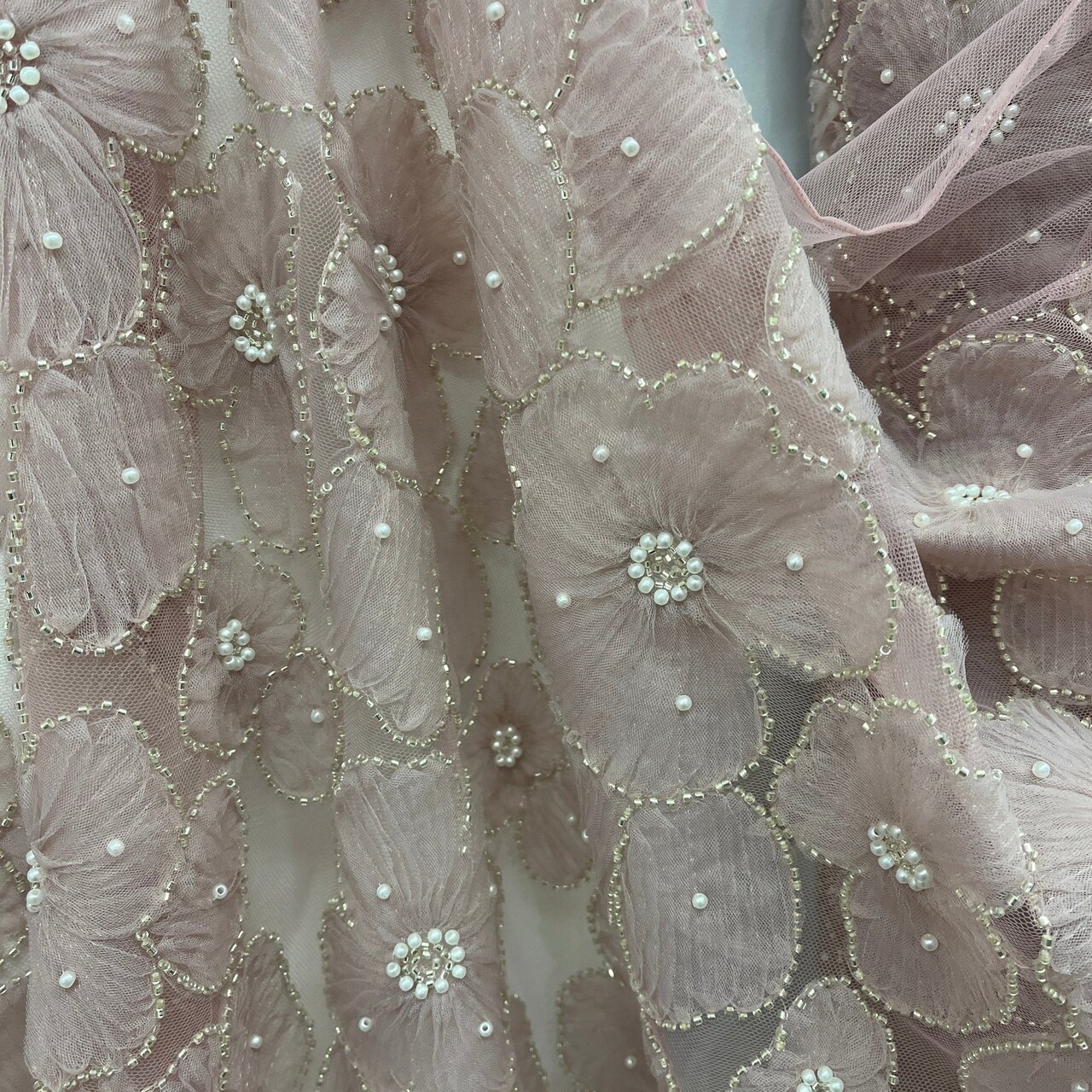 1 Yard Exquisite Champagne Beaded 3D Floral Lace Fabric on Net Mesh 52 inch Width